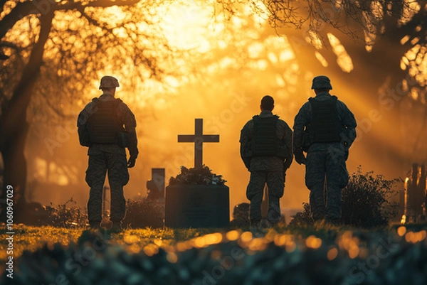 Fototapeta Uniformed Military Soldiers Paying Respect and Honoring at Grave for Veterans or Memorial Day or Remembrance Day