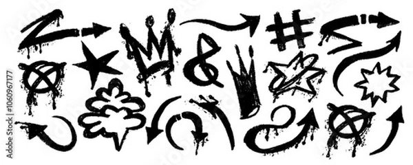 Fototapeta Set graffiti with arrows, splatter and dripping ink. Rough urban emphasis tag lines with splash spray and crown, tar, cloud. Vector illustration symbols punk, arrows. 