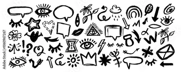 Fototapeta Set of various elements drawn with charcoal pencil, eyes, leaves, arrows, crown, clouds, rainbow.  Abstract arrows, ribbons, crowns, hearts, eyes and other elements in hand drawn 