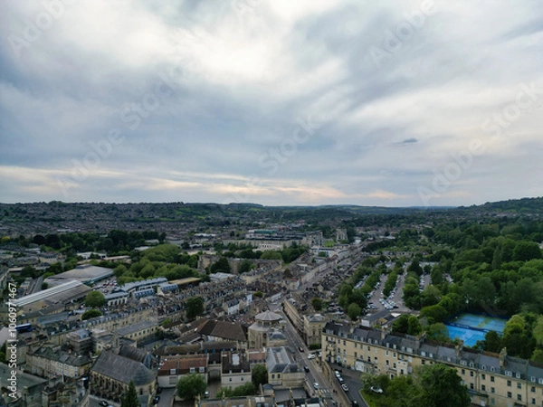 Fototapeta High Angle View of Historical Bath City of England United Kingdom During Mostly Cloudy Day of May 26th, 2024, Aerial Footage Was Captured with Drone's Camera During Bright Sunny Day