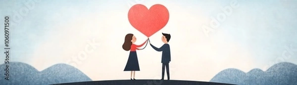 Fototapeta A couple holds a large heart balloon, symbolizing love and connection in a picturesque landscape. Perfect for romantic themes.