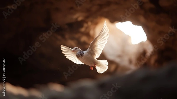 Fototapeta A graceful white bird takes flight, wings outstretched, illuminated by soft light from a cave opening, symbolizing freedom.
