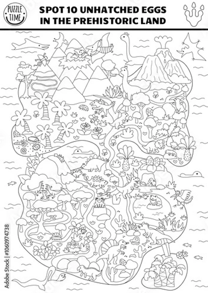 Fototapeta Vector black and white dinosaur searching game with prehistoric continent map landscape. Spot hidden eggs in picture. Ancient world line seek and find educational printable activity for kids