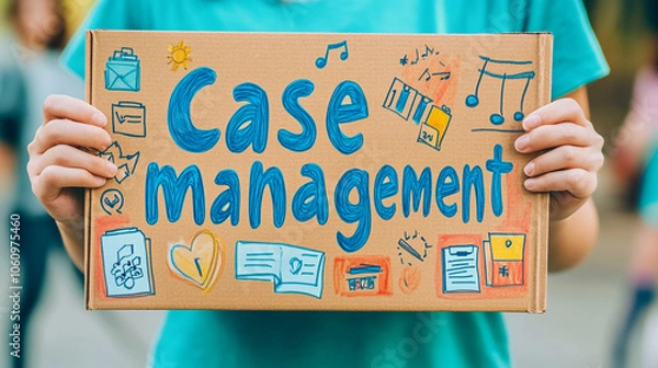 Fototapeta Person Holding Cardboard Sign with Case Management Written in Blue