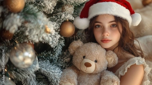 Obraz Girl with teddy bear by tree.