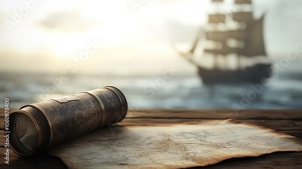 Fototapeta A weathered pirate map and antique spyglass on a rustic wooden table, with the blurred silhouette of a pirate ship sailing in the background, creating a mysterious atmosphere