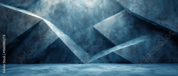 Fototapeta Abstract geometric interior with textured blue walls and sharp angles.