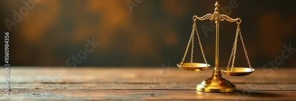 Fototapeta Golden Scale of Justice on Wooden Table with blurred background. Symbolizing law, equality, and fairness in legal matters. Banner with Golden Scale, Copy Space for text