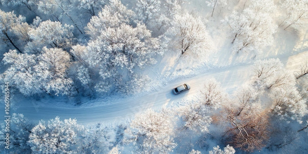 Fototapeta Aerial drone view of car driving on a snow road through a winter forest, scenery of frosted trees and ice landscape, travel and transportation