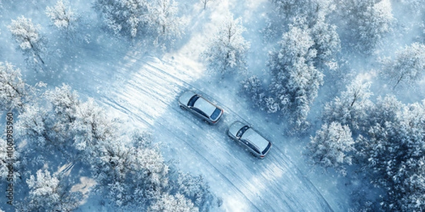 Fototapeta Aerial drone view of car driving on a snow road through a winter forest, scenery of frosted trees and ice landscape, travel and transportation