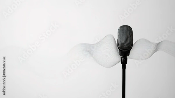 Fototapeta A minimalist microphone with an abstract waveform stretching across the white background, representing the clarity of sound in podcasting or broadcasting