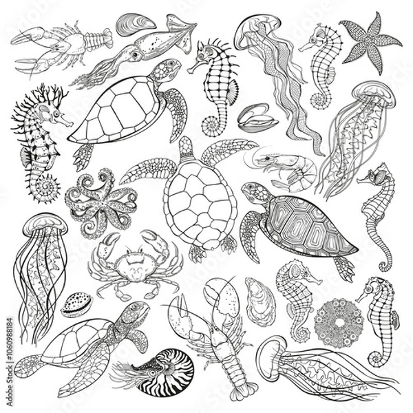 Fototapeta Sea animals. Big vector collection, isolated elements on a white background. Hand drawn illustration. Excellent for the design of invitations, cards, menu decoration,  printing and textiles. Black and