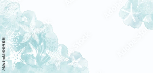 Fototapeta Art sea background with starfish, underwater plants and blue watercolor splashes. Vector. Luxury design. Template design for text, packaging, prints, layout decorative greeting card or invitation desi