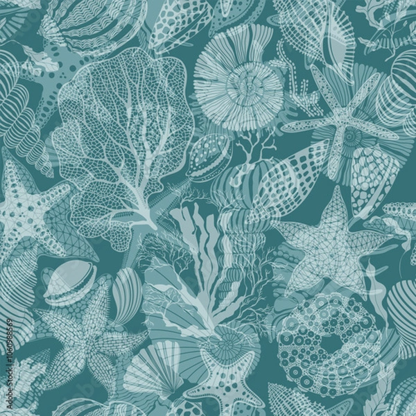 Fototapeta Art sea background with sea creatures. Seamless vector pattern. Perfect for design templates, wallpaper, wrapping, fabric, print and textile. Monochrome.