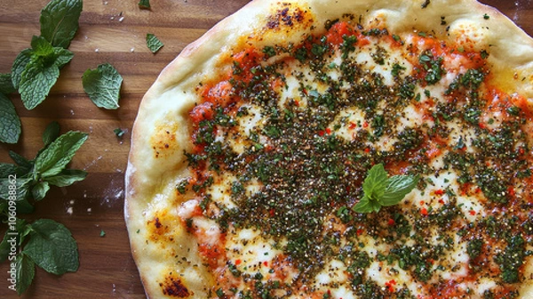 Fototapeta Freshly baked manakish with zaatar and mint on rustic wooden table