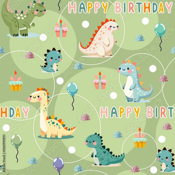 Obraz Seamless green dinosaur birthday pattern with cute dinosaurs, balloons, cakes, happy birthday text, fun festive background, kids party design illustration, repeat pattern, celebration decor invitation