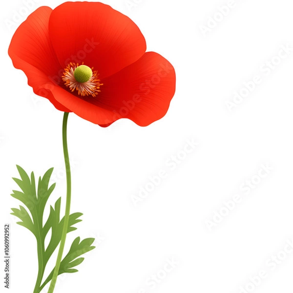 Obraz Bright red poppy flower standing tall with green leaves, a symbol of beauty and remembrance, against a plain white background