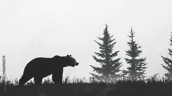 Fototapeta  Monochrome image of a majestic bear amidst green trees and hazy misty surroundings