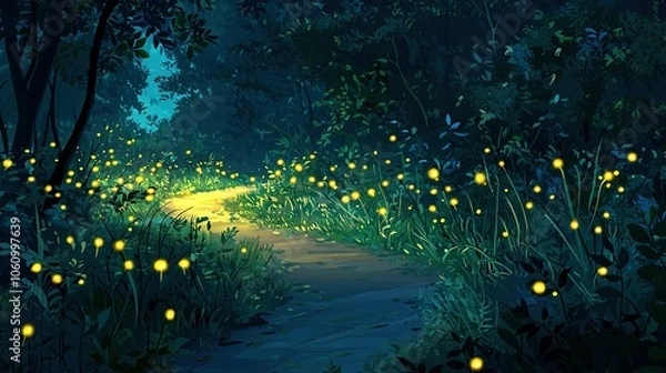 Fototapeta   A stunning painting of a forest trail at night, adorned with glowing fireflies dancing on the grass and illuminated trees casting an ethereal glow