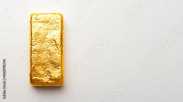 Fototapeta A single gold bullion bar on white background, bullion, minimalist investment concept
