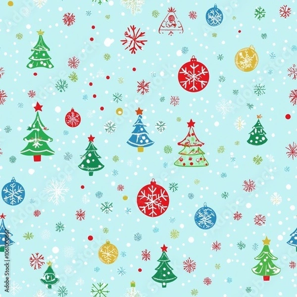 Fototapeta Watercolor Christmas pattern featuring trees, ornaments, and snowflakes on a light blue background in celebration of the holiday season. Merry christmas and happy new year concept.