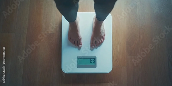 Fototapeta Digital scale with a woman, measuring overweight and fat, for diet and obesity, featuring feet and legs, with weight and body health, in a dieting and fitness context