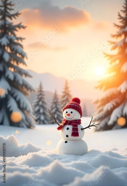 Fototapeta A snowman with a red hat and scarf stands in a snowy forest at sunset.