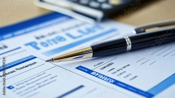 Fototapeta A pen resting on a property loan application alongside a credit score report and a document analyzing interest rates, capturing the preparation stage for mortgage approval