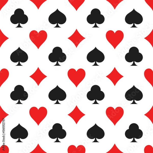 Fototapeta Card suits vector seamless pattern. Red hearts and diamonds, black crosses and spades on white background.