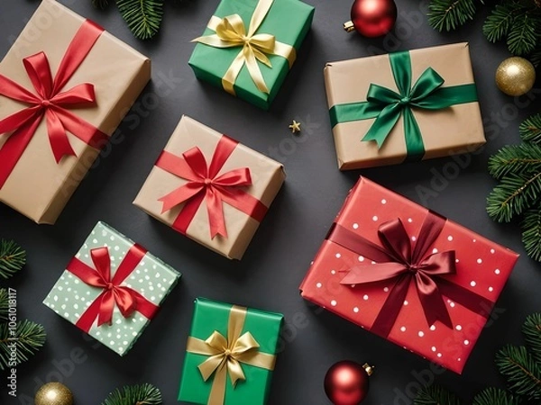 Fototapeta pattern with colorful and varied Christmas gifts. Some gifts are decorated with ribbons and bows
