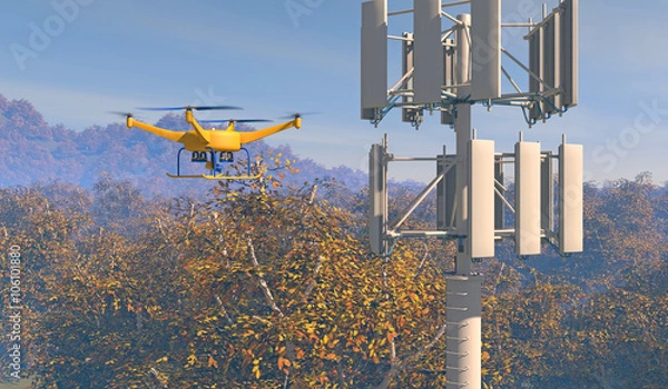 Fototapeta 3D render of a UAV drone inspecting a cellular phone tower in a forested area. Fictitious UAV and wireless tower antenna array; overcast sky and motion blur for dramatic effect.