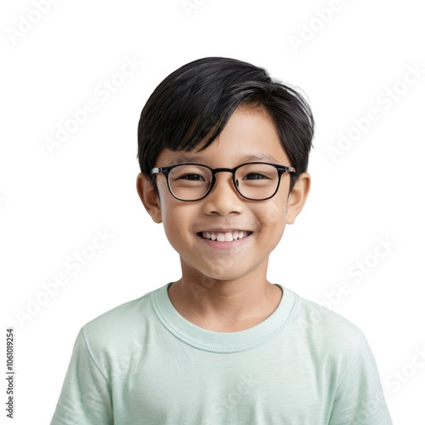 Fototapeta Close-up portrait of a smiling boy with glasses and a happy expression, isolated on transparent background