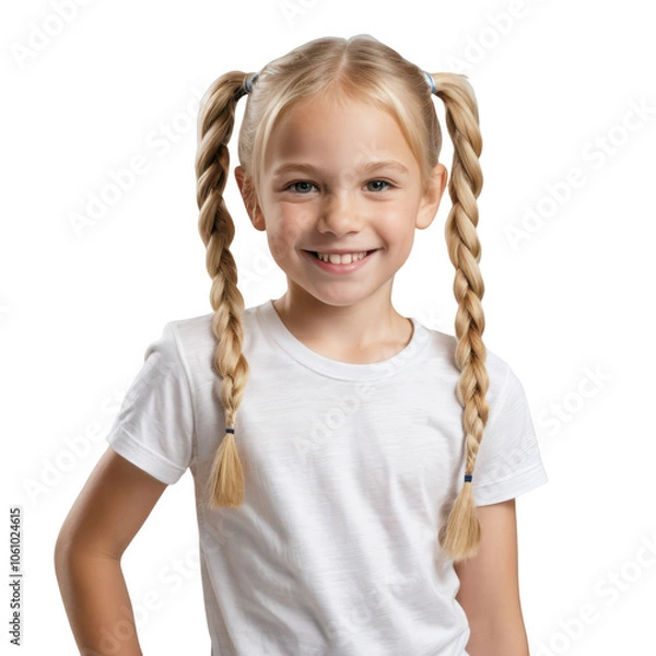 Fototapeta Close-up portrait of a cheerful young girl with pigtails and a big smile, isolated on transparent background