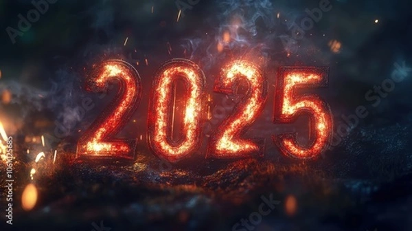 Obraz Fiery representation of the year 2025 glowing amid smoke and sparks, capturing a dramatic and festive atmosphere in a dark setting
