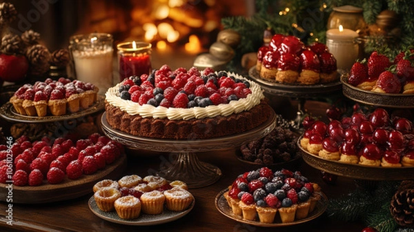 Fototapeta Artistic depiction of a variety of festive desserts, symbolizing joy and celebration during the Lunar New Year.