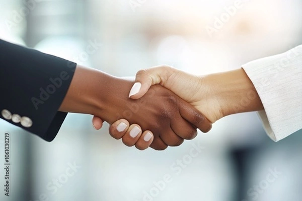 Fototapeta Close-up of two businesswomen shaking hands, one in a black suit, other in a white blazer, modern office, bright lighting 2