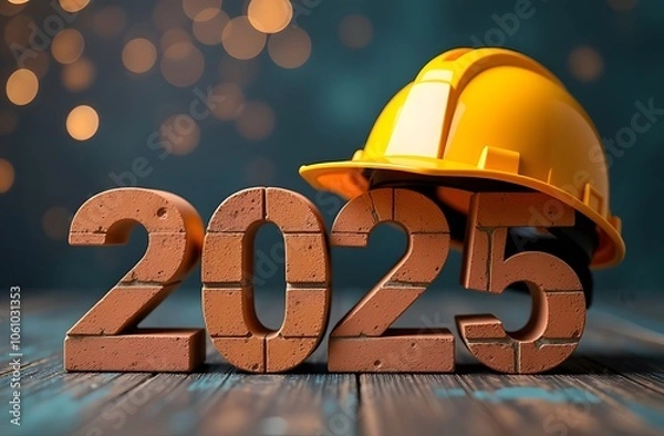 Fototapeta A yellow construction helmet rests on the brick-red numbers 2025, New Year's Eve background