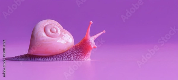 Fototapeta A cute pink snail with a heart-shaped shell on its back set against a purple background