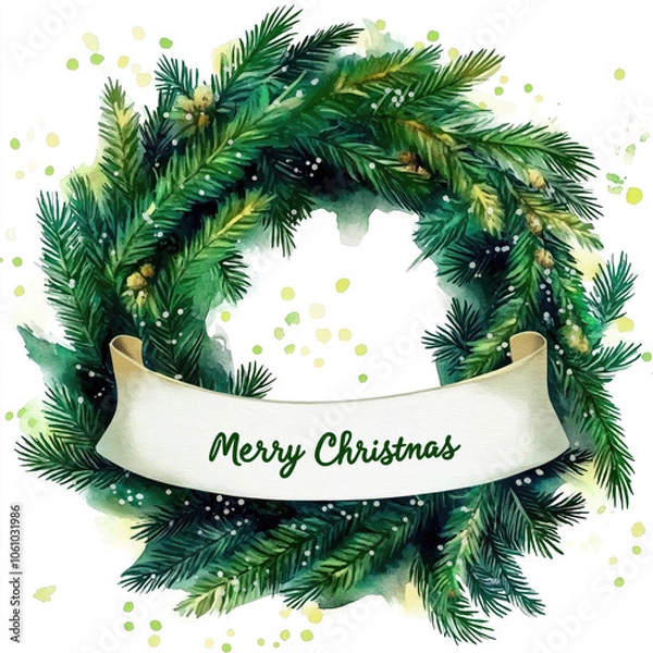 Fototapeta Watercolor crafted Christmas wreath features lush green foliage and decorative elements, complemented by a cheerful banner that reads Merry Christmas, adding festive spirit.