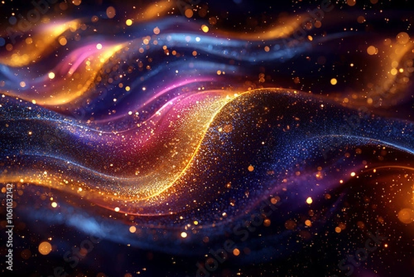 Fototapeta Glitter Rainbow Golden Wave Stripes Design. Shiny Gold and Blue moving lines design element on dark background