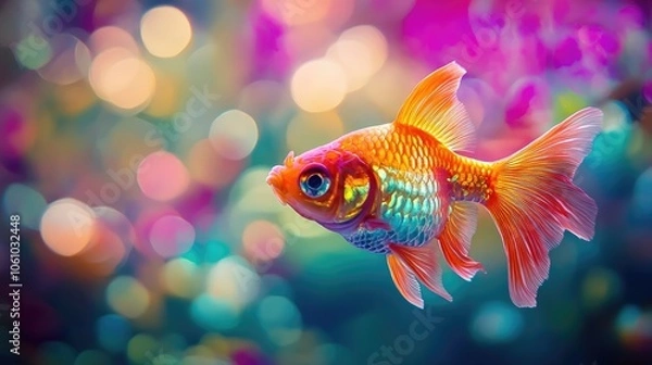 Fototapeta A single goldfish swims in a tank, its scales shimmering with iridescent colors against a vibrant background of blurred lights.