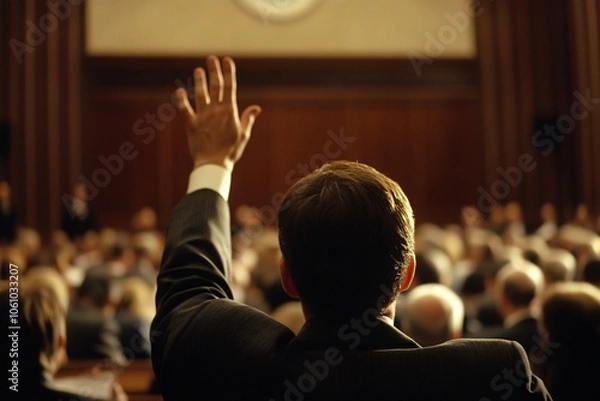 Fototapeta Person seen from behind, raising hand confidently in a crowded conference room, warm lighting, focus on hand gesture, medium close-up 6