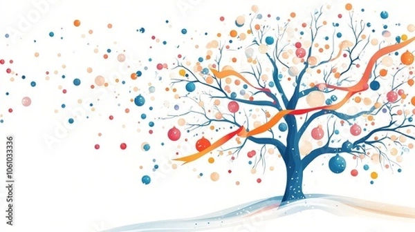 Fototapeta A stylized tree with colorful ribbons and circular ornaments, set against a white background, with a whimsical design and soft snow at the base