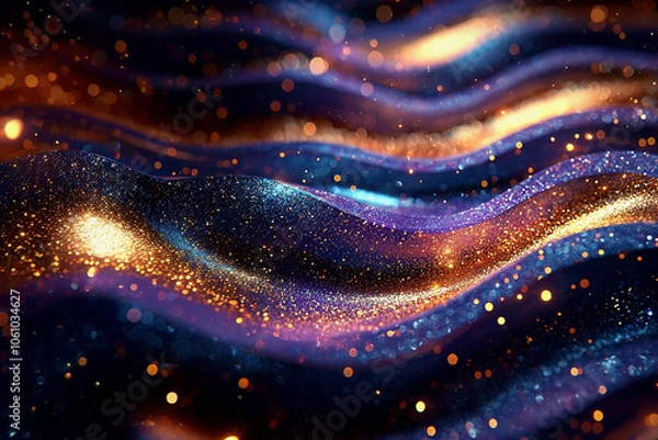 Fototapeta Glitter Violet Blue Gold Wave Stripes Design. Shiny golden moving lines design element on dark background	