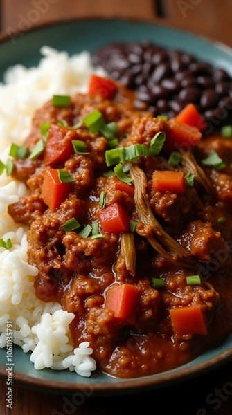 Obraz Cuban Ropa Vieja with Rice and Black Beans in a Traditional Setting