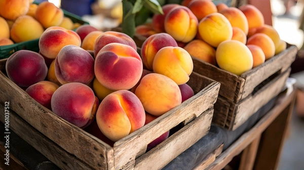 Obraz A wooden crate of ripe, vibrant peaches on display at an outdoor farmers market, showcasing their freshness and appeal