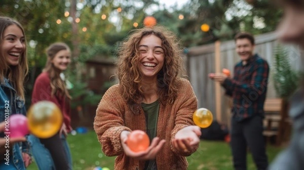 Fototapeta Playful games being enjoyed by guests at a festive gender party in a backyard
