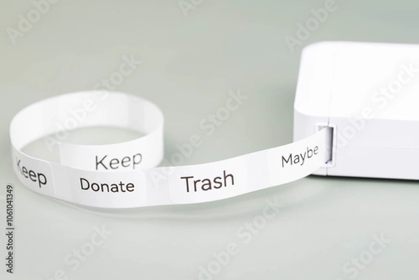 Fototapeta Label printer producing decluttering labels for organizing home spaces. Labels read Keep, Donate, Trash, and Maybe, as categories for effective sorting. Organized, clutter-free home environment.