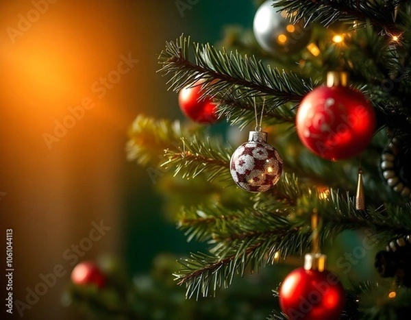 Fototapeta A flat lay of Christmas decorated paper, adorned with gold stars and silver ornaments, on a rustic dark  wooden table, with a cozy red and white knitted scarf beside it. fir beanches, small lights, 