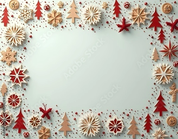 Fototapeta A flat lay of Christmas decorated paper, adorned with gold stars and silver ornaments, on a rustic dark  wooden table, with a cozy red and white knitted scarf beside it. fir beanches, small lights, 
